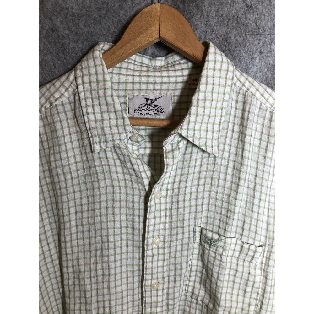 Madda Fella Shirt Mens Medium Green Check Linen Casual Beach Coastal Resort